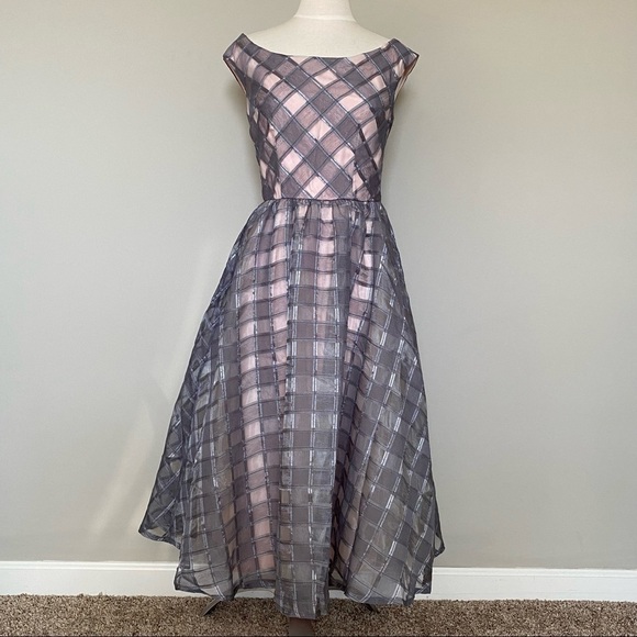 Asos Little Mistress Gray and Pink Windowpane Midi Dress, size 4 - Picture 1 of 14